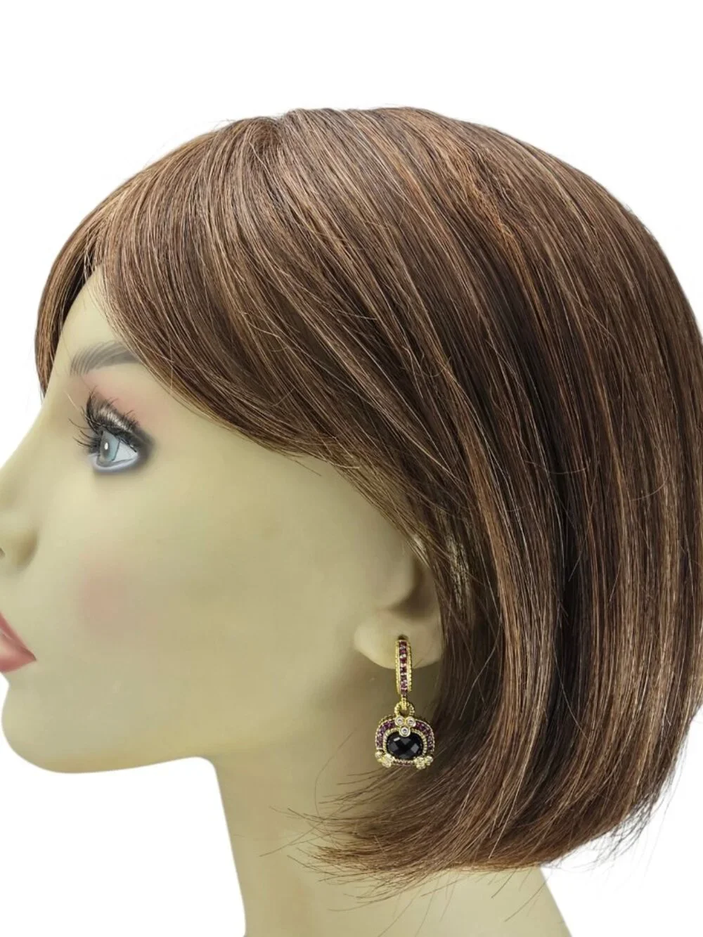 Judith Ripka 18K Gold Black and Red Stones Diamond Dangle Earrings #25487